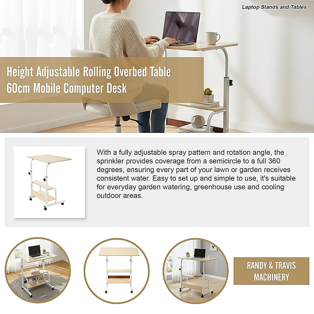 Desks: Height Adjustable Rolling Overbed Table 60cm Mobile Computer Desk