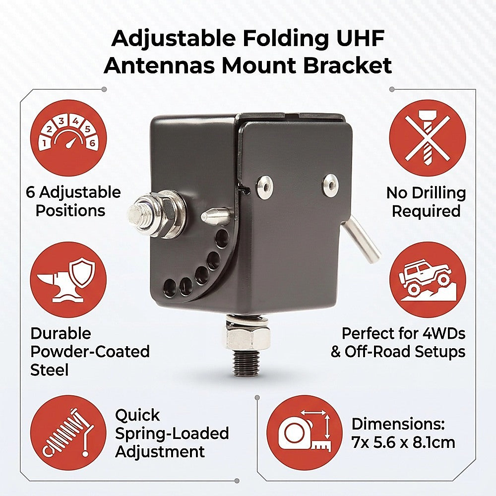 Cross Bar: Adjustable Folding UHF Antennas Mount Bracket  Black Bullbar Clamp