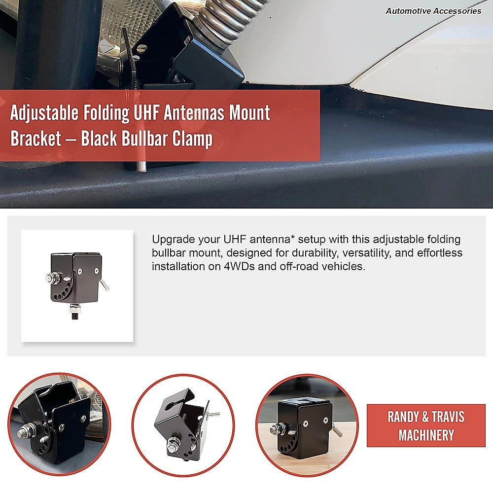 Cross Bar: Adjustable Folding UHF Antennas Mount Bracket  Black Bullbar Clamp