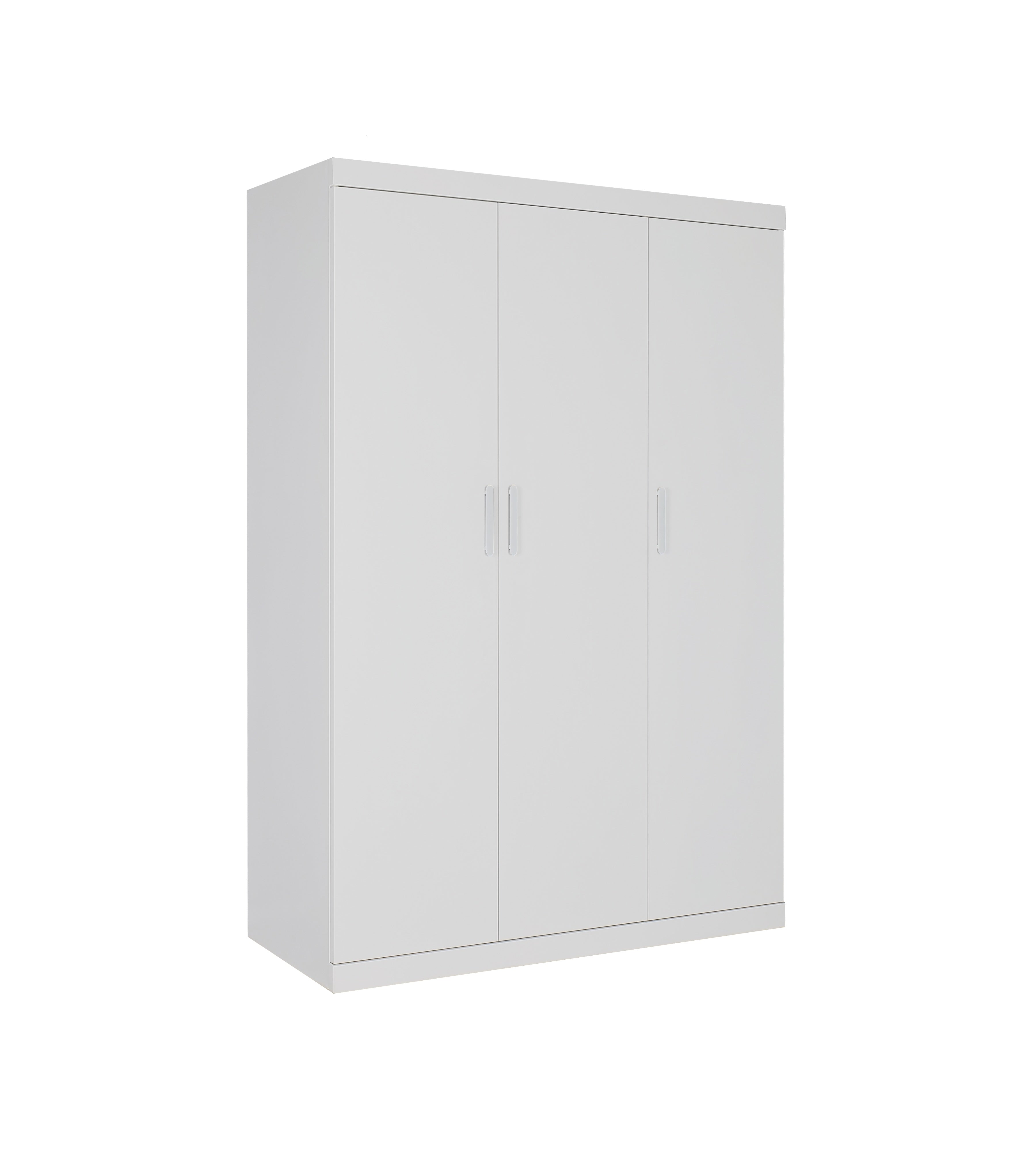 Clothing & Wardrobe Storage: 3 Door White Wardrobe  White Handles, Hanging Rail & Shelves