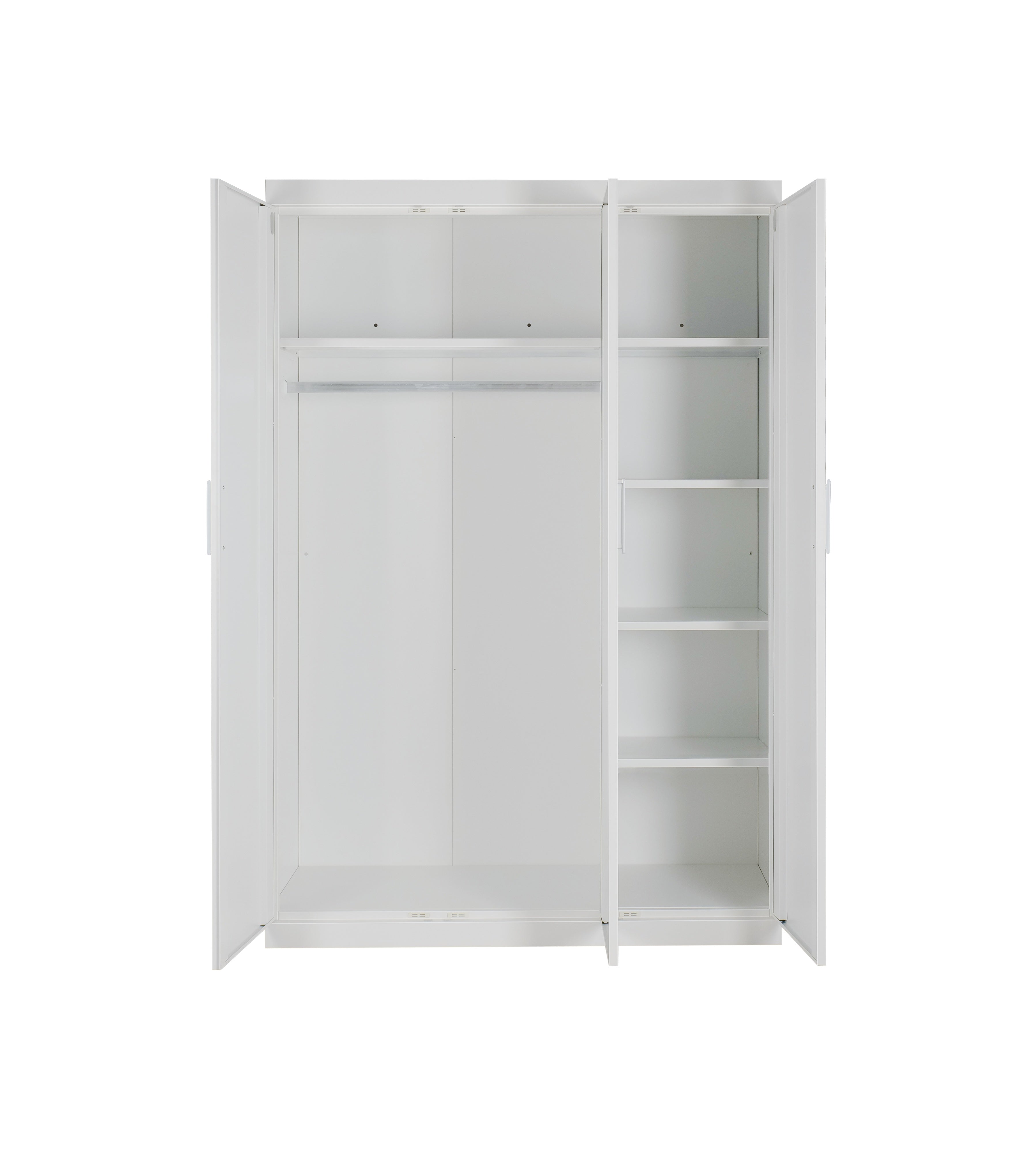 Clothing & Wardrobe Storage: 3 Door White Wardrobe  White Handles, Hanging Rail & Shelves