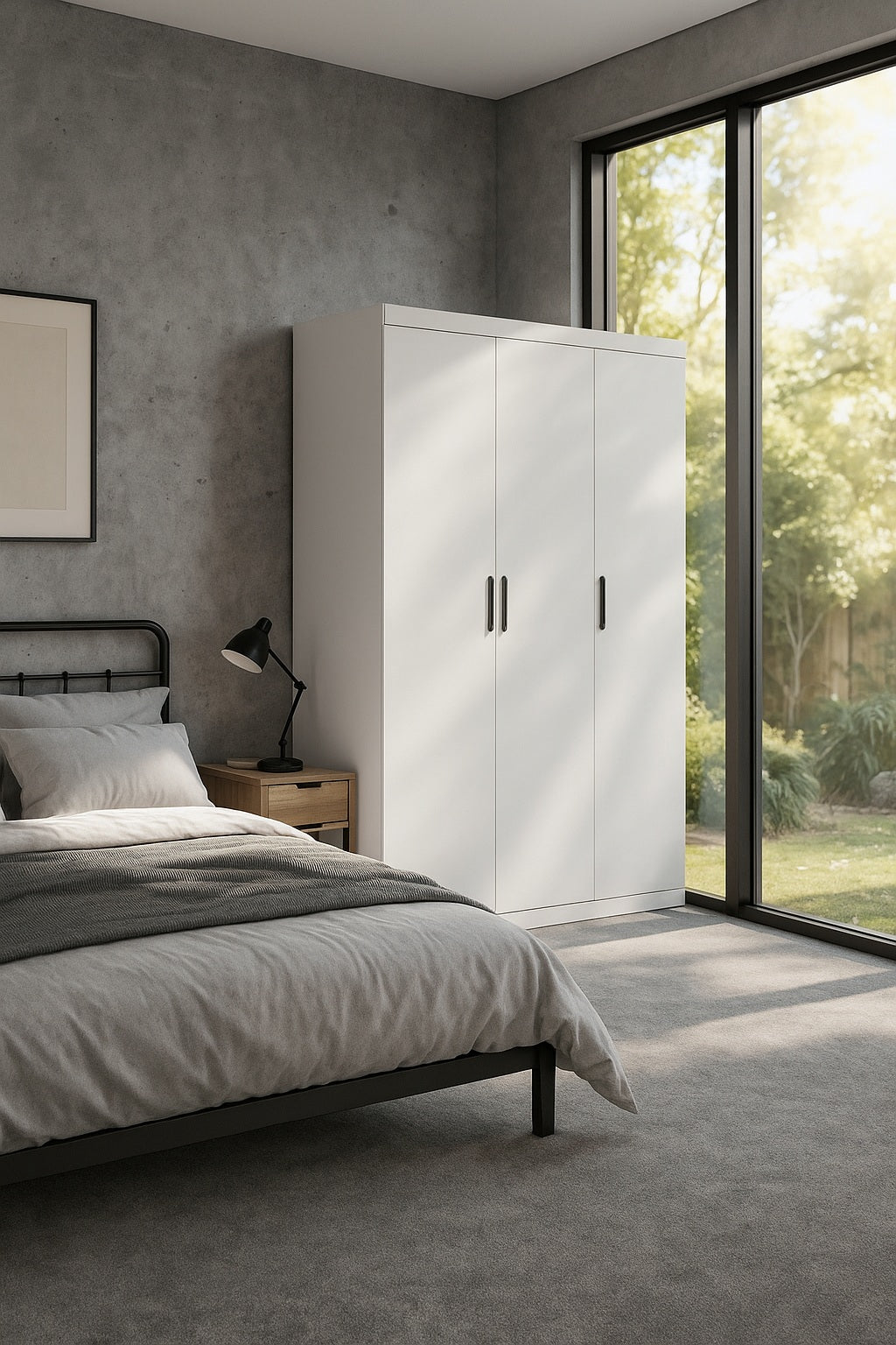 Clothing & Wardrobe Storage: 3 Door White Wardrobe  Black Handles, Hanging Rail & Shelves