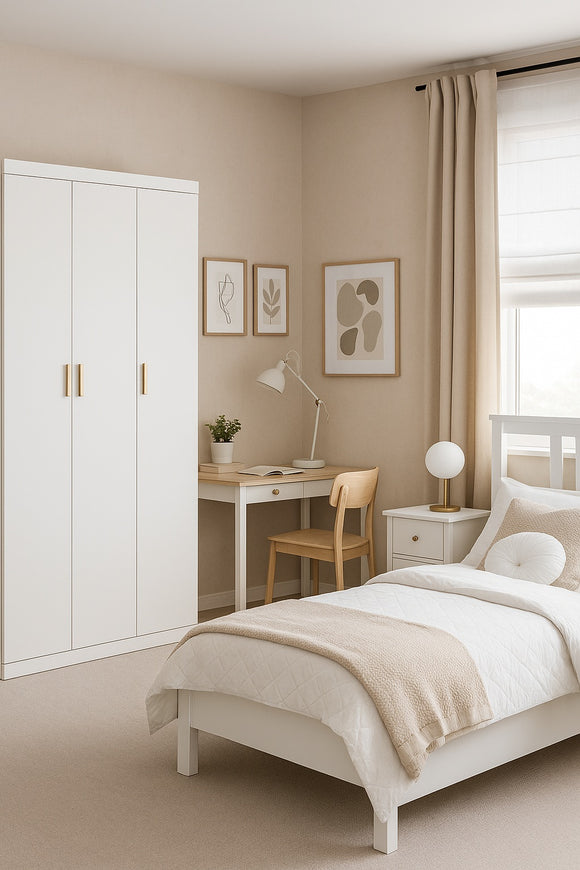 3 Door White Gloss Wardrobe – Gold Handles, Hanging Rail & Shelves
