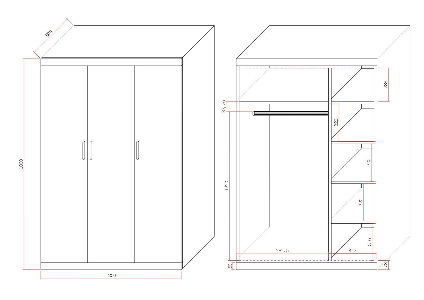 Clothing & Wardrobe Storage: 3 Door White Wardrobe  Gold Handles, Hanging Rail & Shelves
