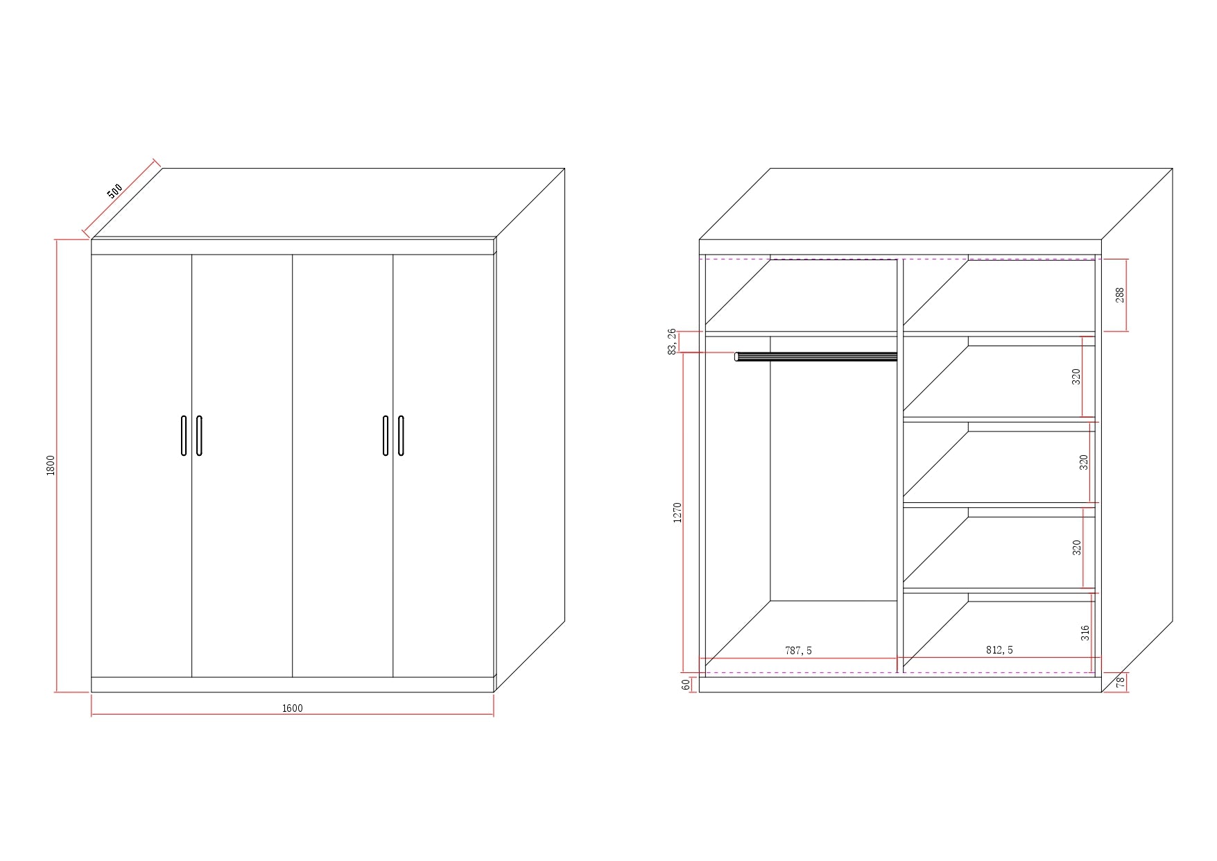 Clothing & Wardrobe Storage: 4 Door White Wardrobe Cabinet  Hanging Rail, Shelves & White Handles