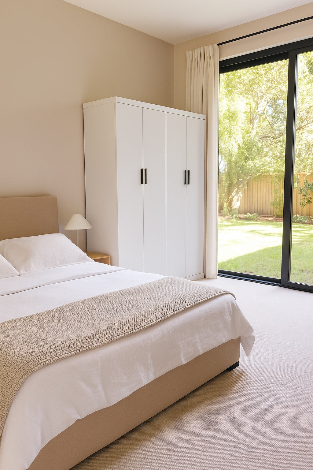 Clothing & Wardrobe Storage: 4 Door White Wardrobe Cabinet  Hanging Rail, Shelves & Black Handles