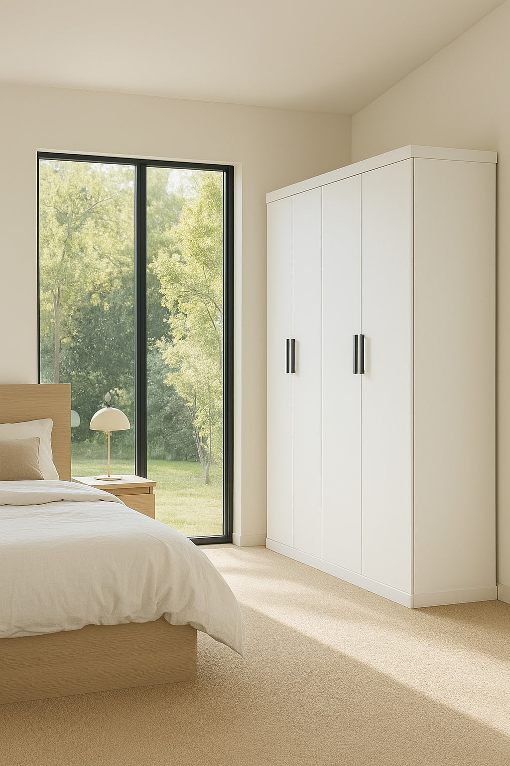 Clothing & Wardrobe Storage: 4 Door White Wardrobe Cabinet  Hanging Rail, Shelves & Black Handles