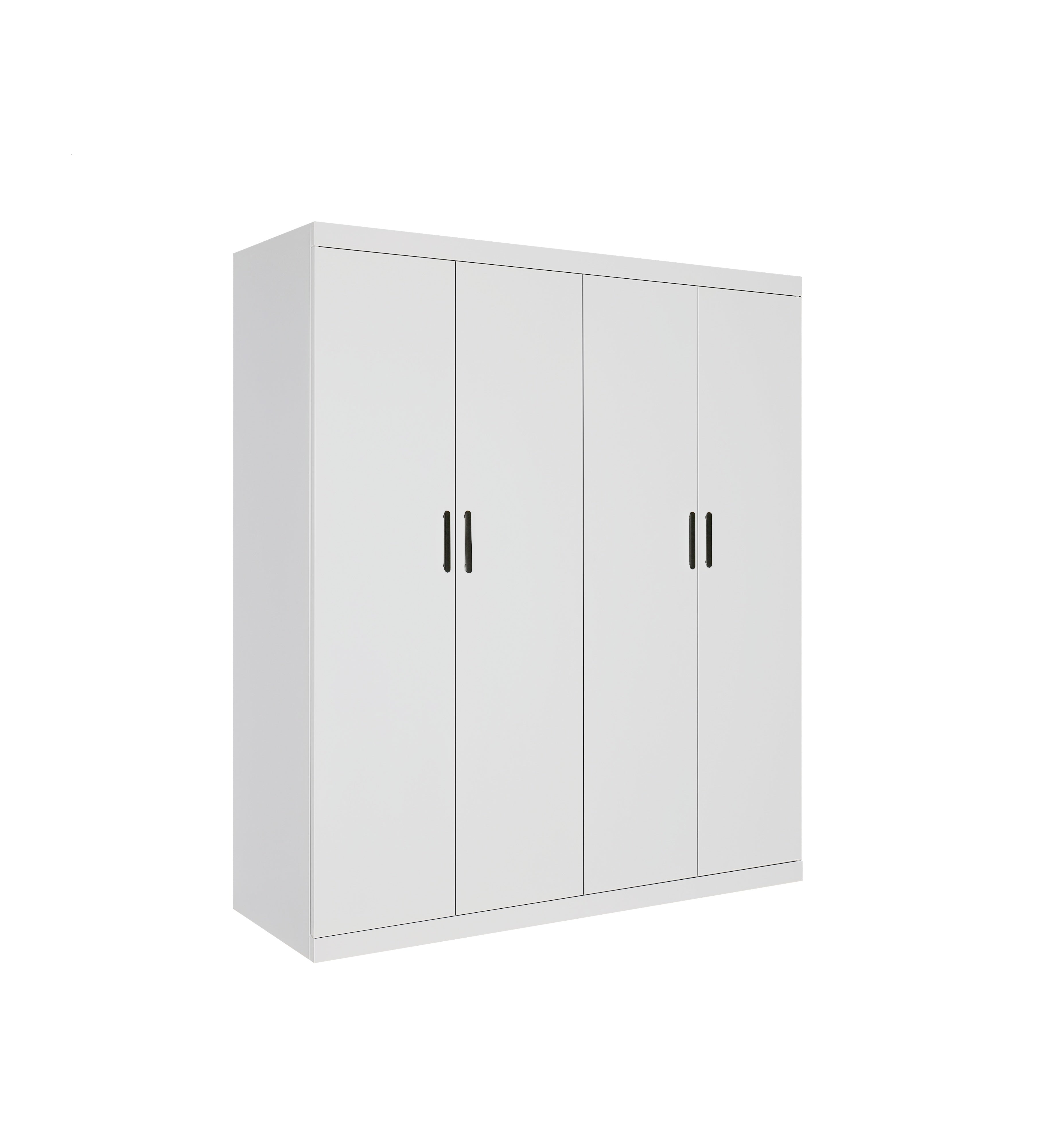 Clothing & Wardrobe Storage: 4 Door White Wardrobe Cabinet  Hanging Rail, Shelves & Black Handles