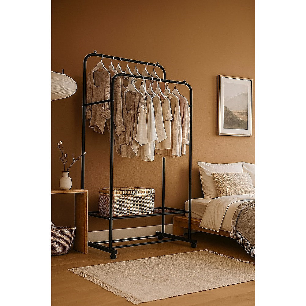 Clothing & Wardrobe Storage: Double Clothes Rack Metal Garment Rail 80x154cm  Heavy Duty Hanging Shelf Storage