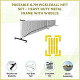 Tennis: Portable 6.7m Pickleball Net Set  Heavy Duty Metal Frame with Wheels