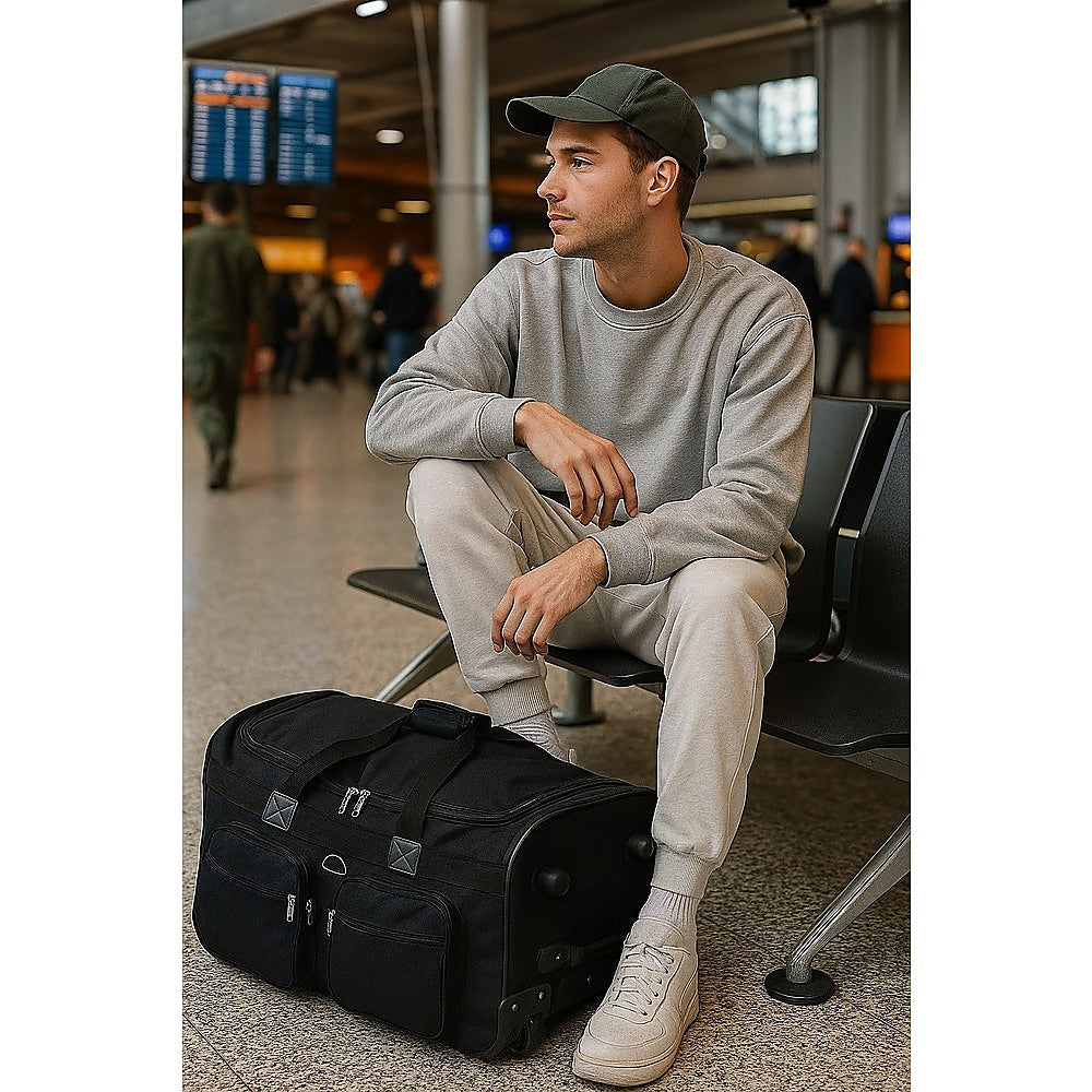 Duffel Bags: Large Black Wheeled Travel Duffle Bag  Rolling Luggage Trolley