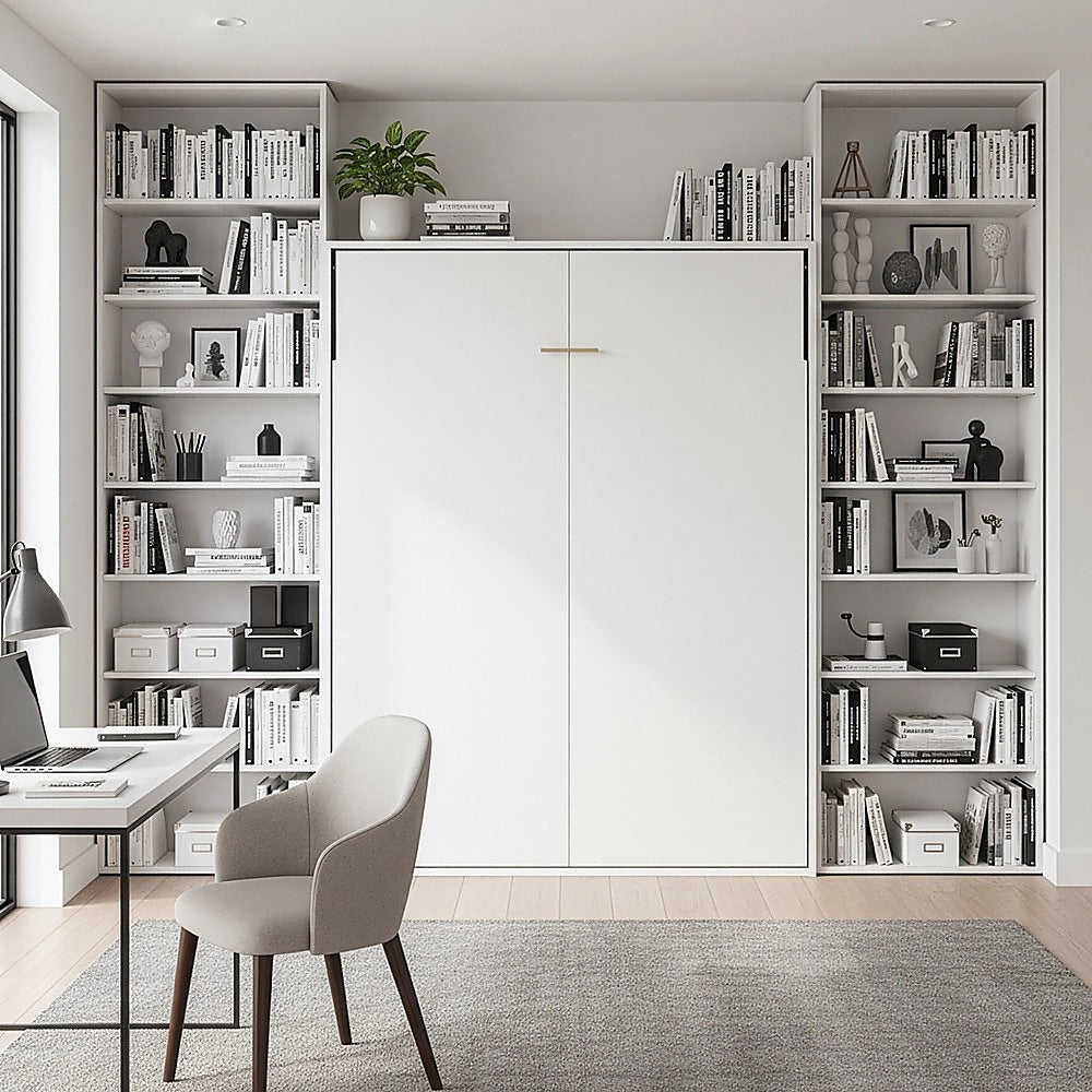 Beds & Bed Frames: Double Wall Bed in White Gloss  Space Saving Murphy Bed Kit with Black Door Handle