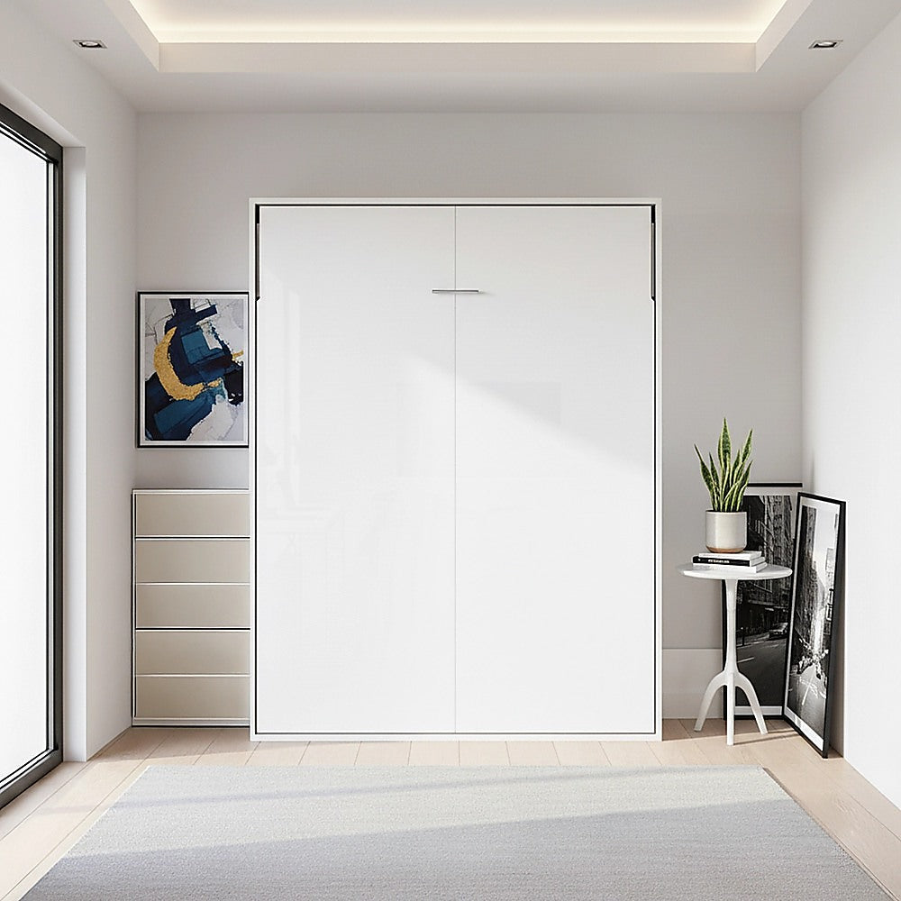 Beds & Bed Frames: Double Wall Bed in White Gloss  Space Saving Murphy Bed Kit with Black Door Handle