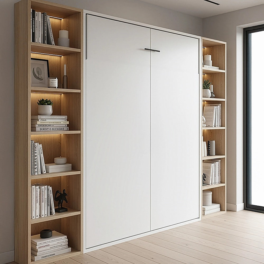 Beds & Bed Frames: Double Wall Bed in White  Space Saving Murphy Bed Kit with Silver Door Handle