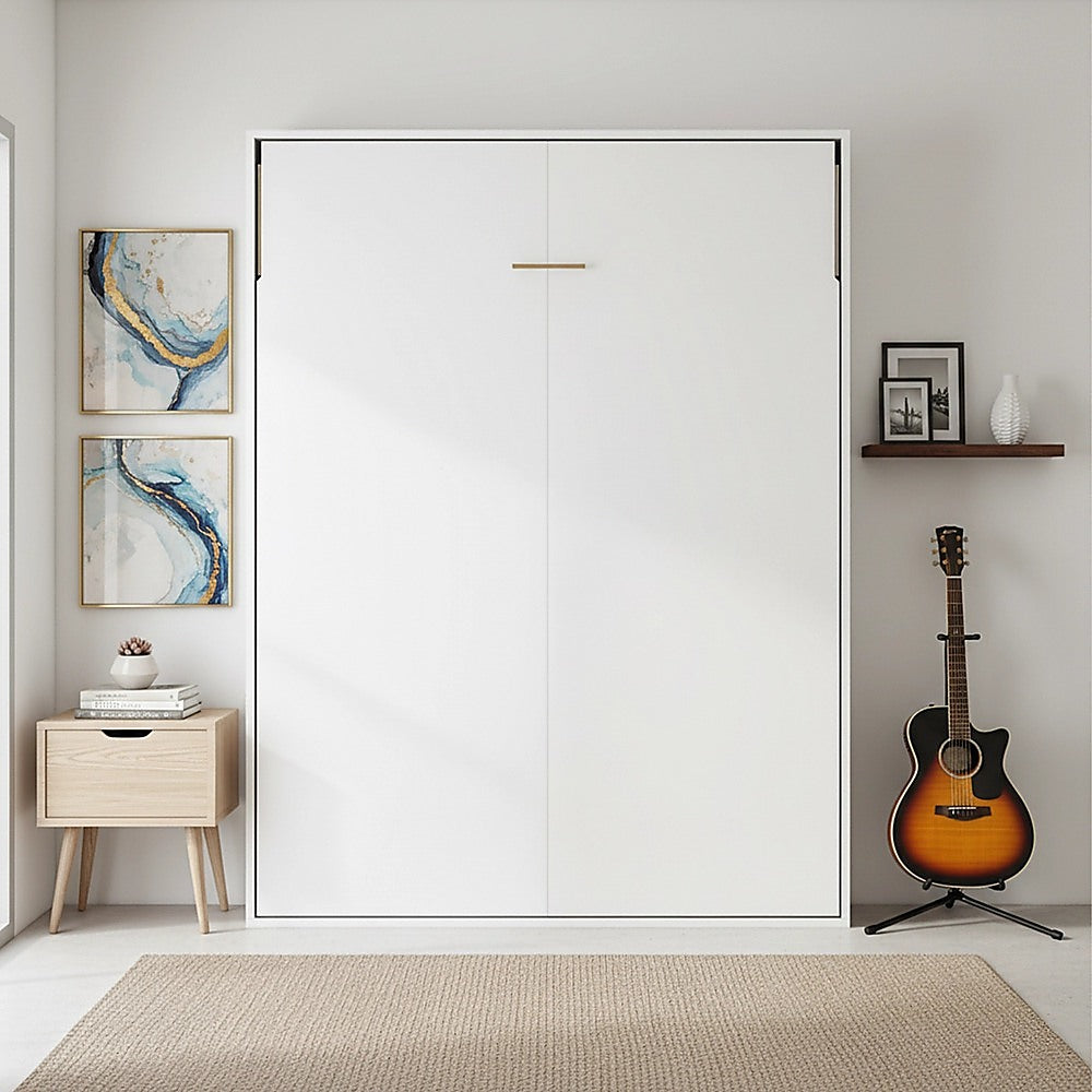 Beds & Bed Frames: Double Wall Bed in White  Space Saving Murphy Bed Kit with Silver Door Handle