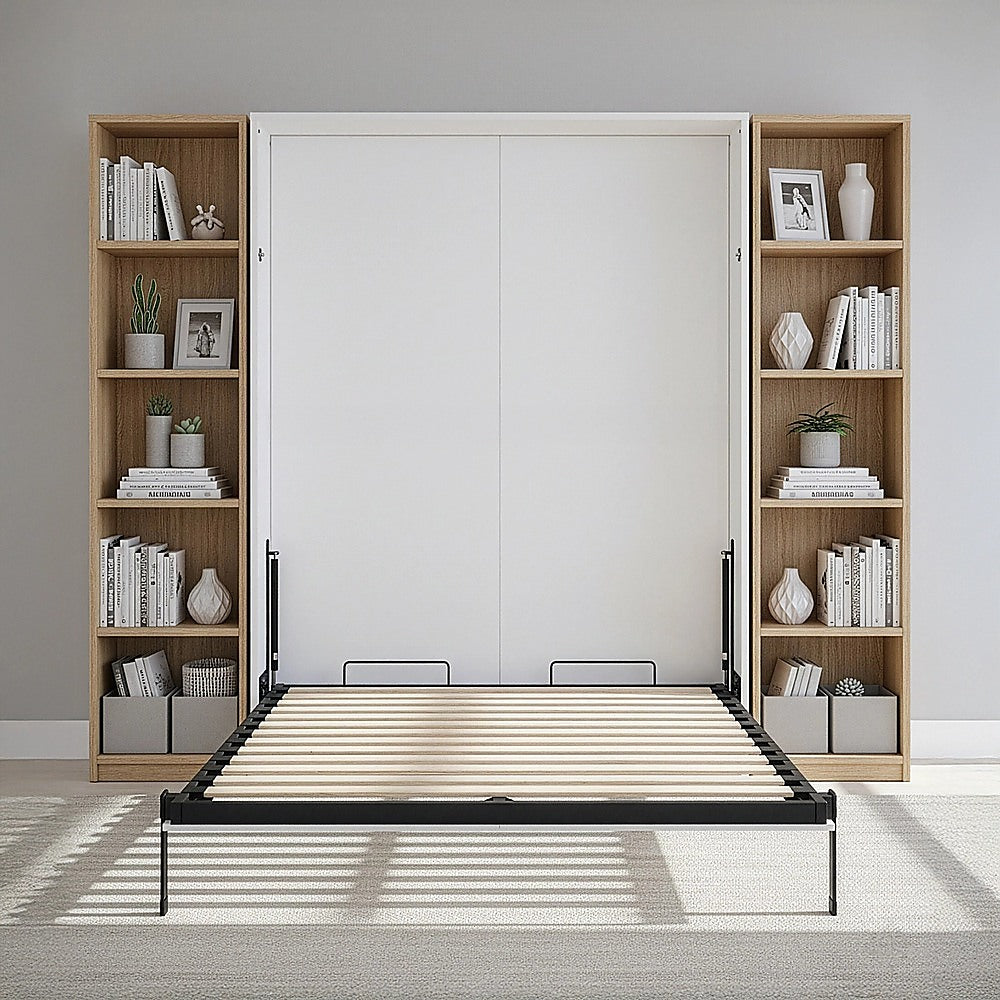 Beds & Bed Frames: Queen Wall Bed in White Gloss  Space Saving Murphy Bed Kit with Black Door Handle