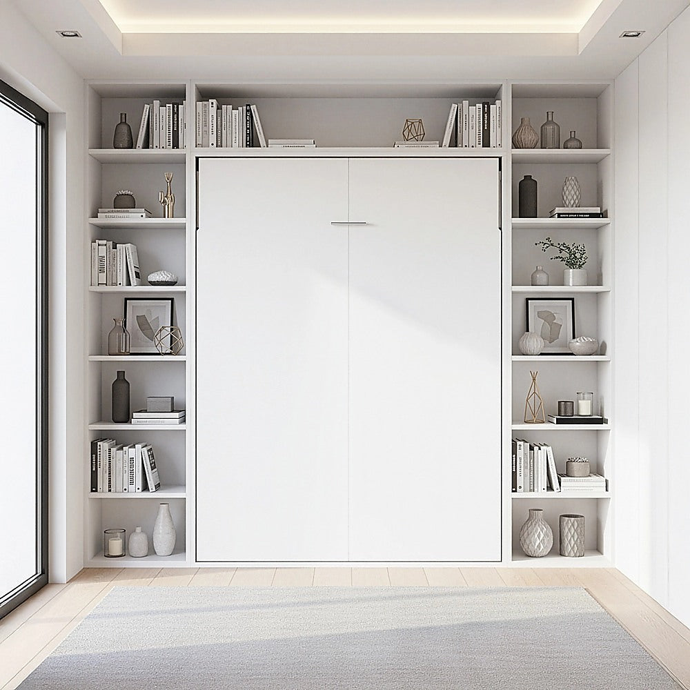 Beds & Bed Frames: Queen Wall Bed in White Gloss  Space Saving Murphy Bed Kit with Black Door Handle