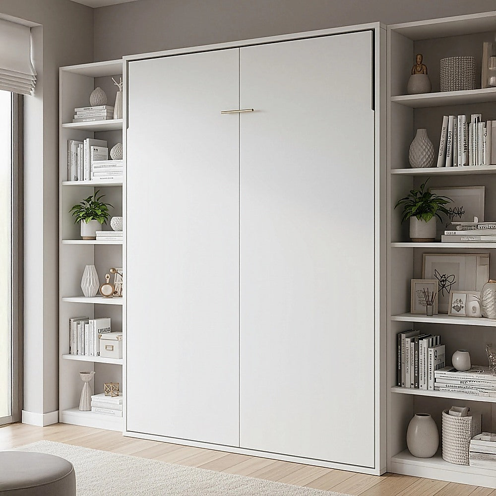 Beds & Bed Frames: Queen Wall Bed in White  Space Saving Murphy Bed Kit with Black Door Handle
