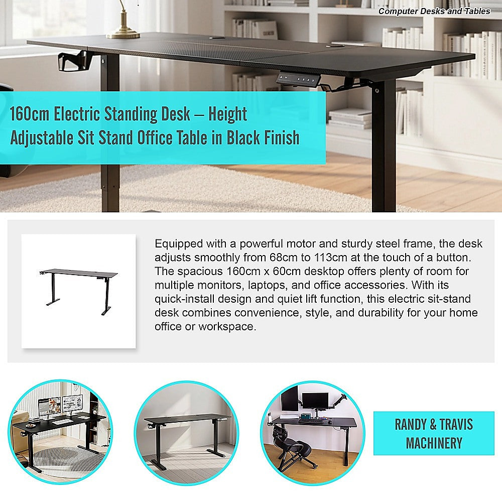 Desks: 160cm Electric Standing Desk  Height Adjustable Sit Stand Office Table in Black