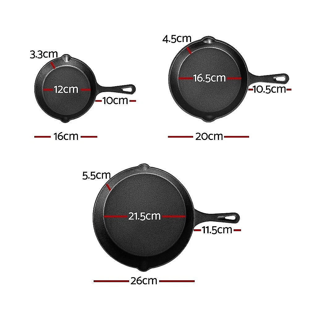 Kitchen Utensils: Chef Cast Iron Frying Pan Set  3PCS Skillet, Grill & Oven Cookware for Home Cooking