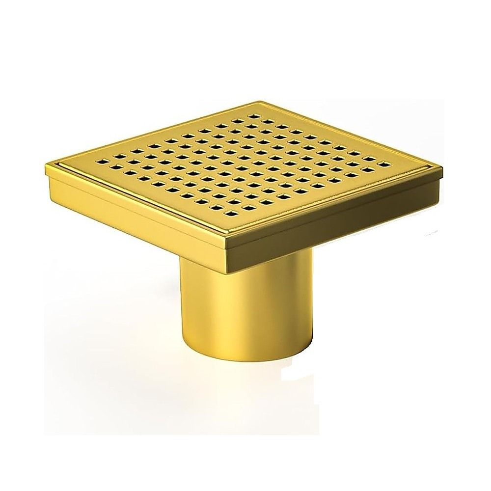 15x15cm Square Shower Drain with Grid Pattern Grate – Gold 304 Stainless Steel, CUPC Certified with Hair Strainer