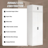80x240cm 2-Door White Steel Hanging Wardrobe with Black Handle Storage Cabinet