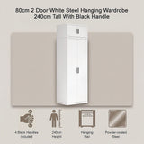 80x240cm 2-Door White Steel Hanging Wardrobe with Black Handle Storage Cabinet