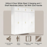 240x240cm 6-Door White Steel 2 Hanging and 1 Shelf Wardrobe with Gold Handle Storage Cabinet