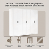 240x200cm 6-Door White Steel 2 Hanging and 1 Shelf Wardrobe with Black Handle Storage Cabinet