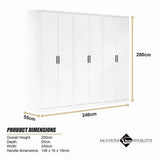 240x200cm 6-Door White Steel 2 Hanging and 1 Shelf Wardrobe with Black Handle Storage Cabinet
