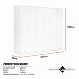 240x200cm 6-Door White Steel 2 Hanging and 1 Shelf Wardrobe with White Handle Storage Cabinet