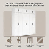 240x240cm 6-Door White Steel 1 Hanging and 2 Shelf Wardrobe with Black Handle Storage Cabinet