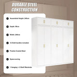 240x240cm 6-Door White Steel 1 Hanging and 2 Shelf Wardrobe with Gold Handle Storage Cabinet