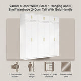 240x240cm 6-Door White Steel 1 Hanging and 2 Shelf Wardrobe with Gold Handle Storage Cabinet