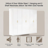240x200cm 6-Door White Steel 1 Hanging and 2 Shelf Wardrobe with Gold Handle Storage Cabinet