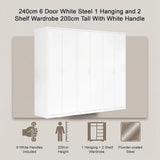 240x200cm 6-Door White Steel 1 Hanging and 2 Shelf Wardrobe with White Handle Storage Cabinet