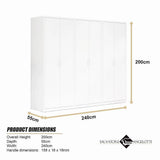 240x200cm 6-Door White Steel 1 Hanging and 2 Shelf Wardrobe with White Handle Storage Cabinet