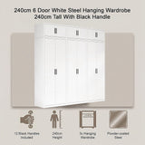 240x240cm 6-Door White Steel Hanging Wardrobe with Black Handle Storage Cabinet