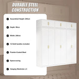 240x240cm 6-Door White Steel Hanging Wardrobe with Gold Handle Storage Cabinet