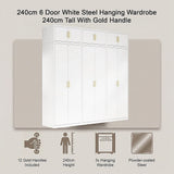 240x240cm 6-Door White Steel Hanging Wardrobe with Gold Handle Storage Cabinet