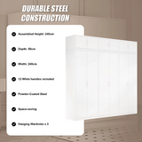 240x240cm 6-Door White Steel Hanging Wardrobe with White Handle Storage Cabinet