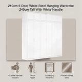 240x240cm 6-Door White Steel Hanging Wardrobe with White Handle Storage Cabinet