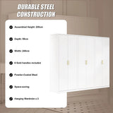 240x200cm 6-Door White Steel Hanging Wardrobe with Gold Handle Storage Cabinet