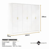 240x200cm 6-Door White Steel Hanging Wardrobe with Gold Handle Storage Cabinet
