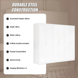240x200cm 6-Door White Steel Hanging Wardrobe with White Handle Storage Cabinet
