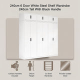 240x240cm 6-Door White Steel Shelf Wardrobe with Black Handle Storage Cabinet