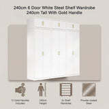 240x240cm 6-Door White Steel Shelf Wardrobe with Gold Handle Storage Cabinet