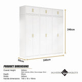 240x240cm 6-Door White Steel Shelf Wardrobe with Gold Handle Storage Cabinet