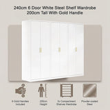 240x200cm 6-Door White Steel Shelf Wardrobe with Gold Handle Storage Cabinet