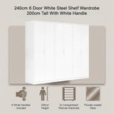 240x200cm 6-Door White Steel Shelf Wardrobe with White Handle Storage Cabinet